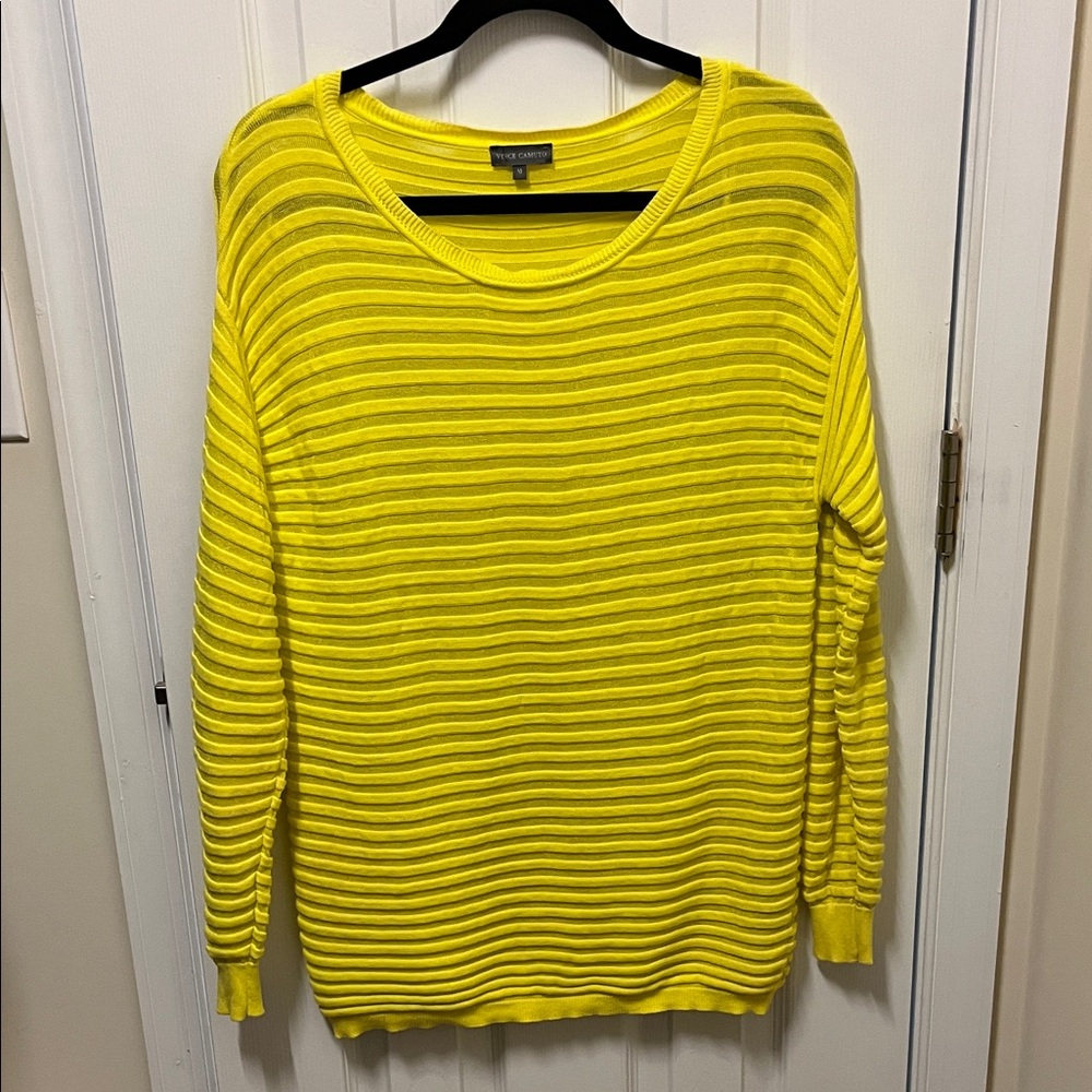 Vince Camuto Yellow Striped Crew Neck Sweater